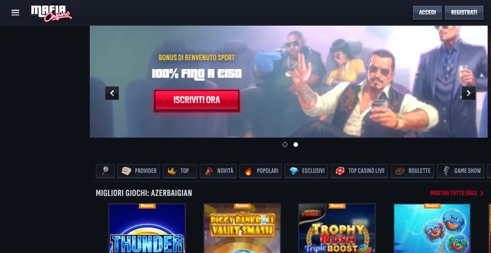 Homepage di Mafia Casino, casinò online con deposito minimo basso